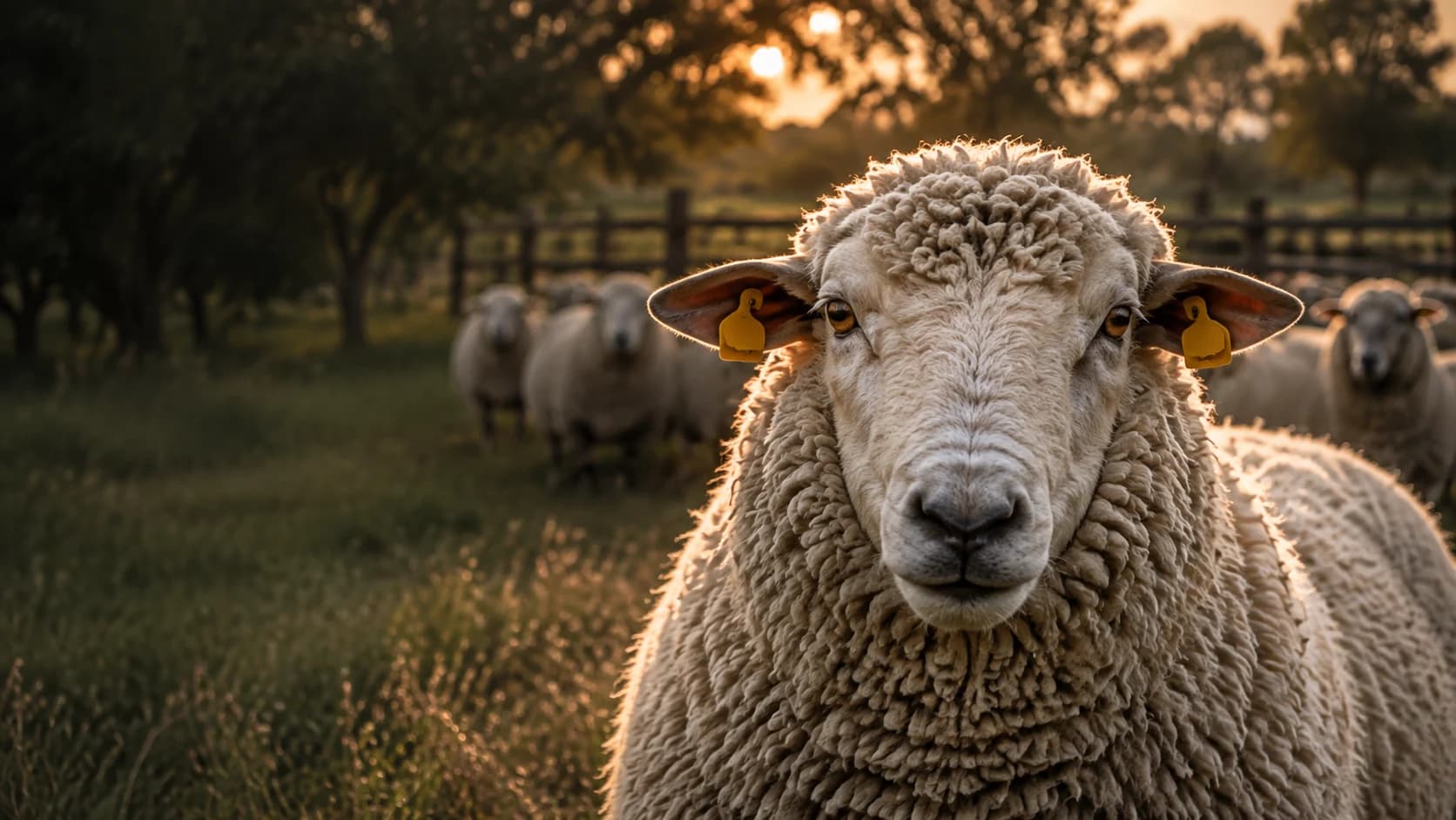 Ilustração de um ovino Mouton Vendéen num rebanho ao final da tarde